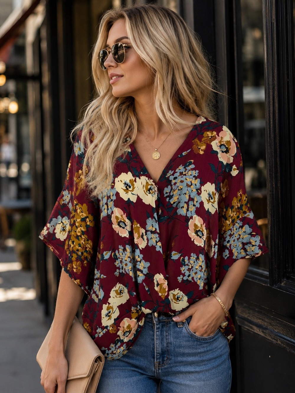 Umgee Burgundy Floral V-Neck Blouse - Picture 10 of 10